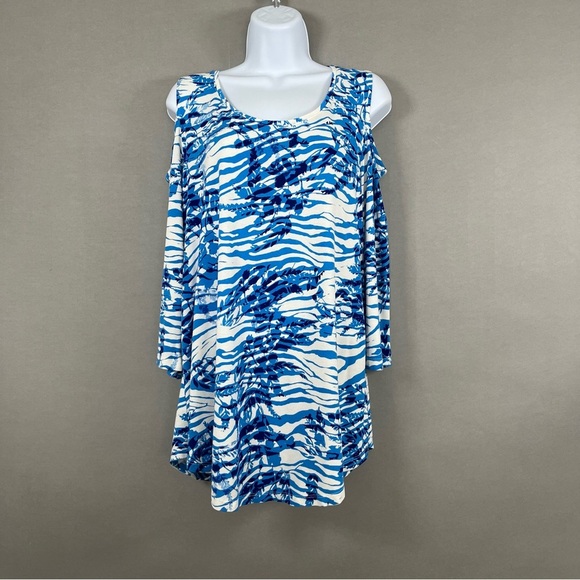 JM Collection Blue and White Blouse - Picture 1 of 14
